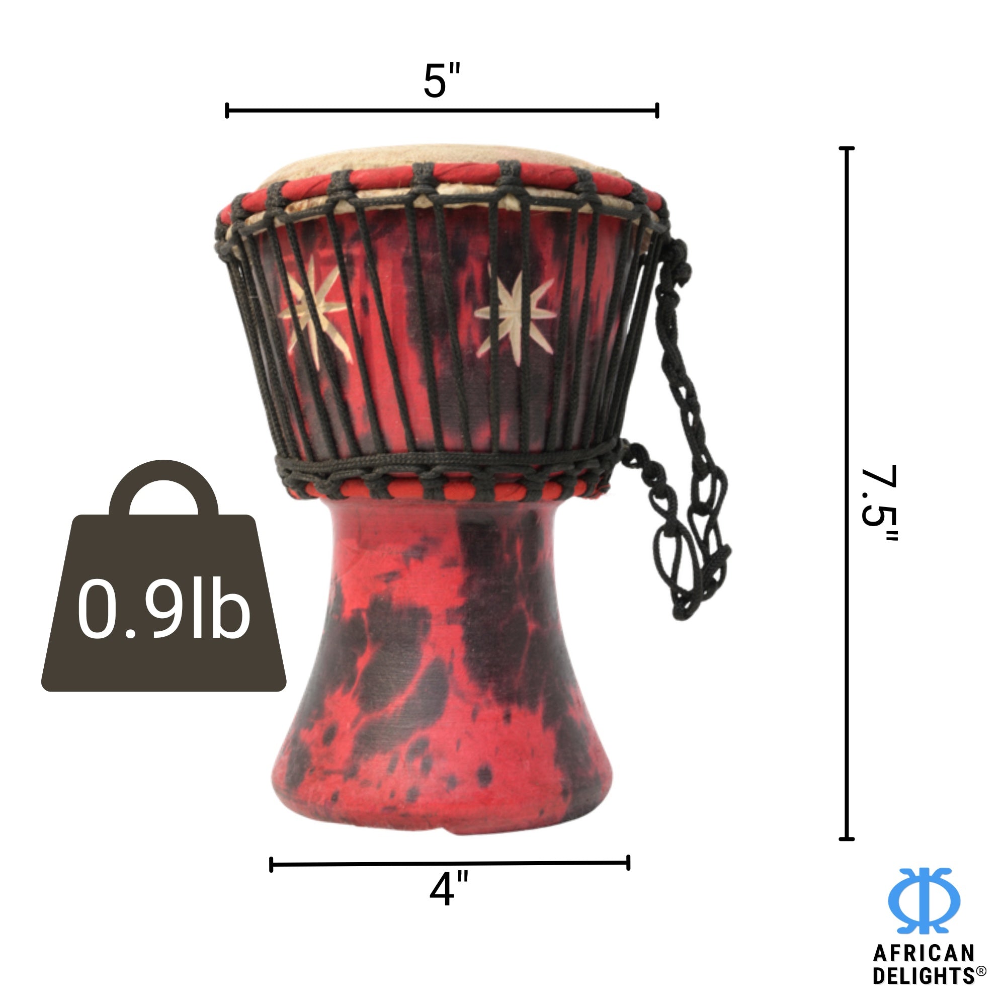 Red with Black Spots 1 mini djembe drum size and dimensions