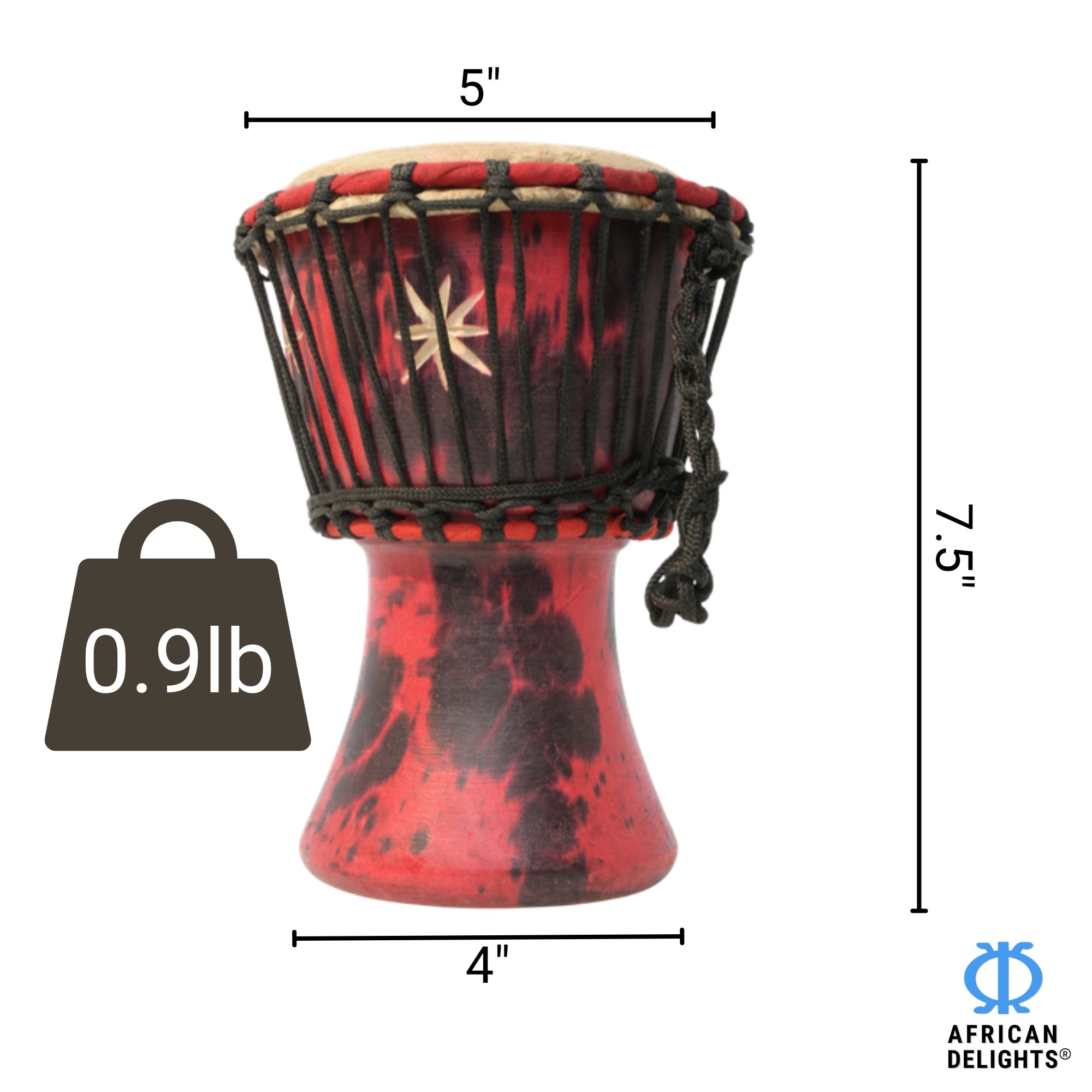 Red with Black Spots 2 mini djembe drum size and dimensions