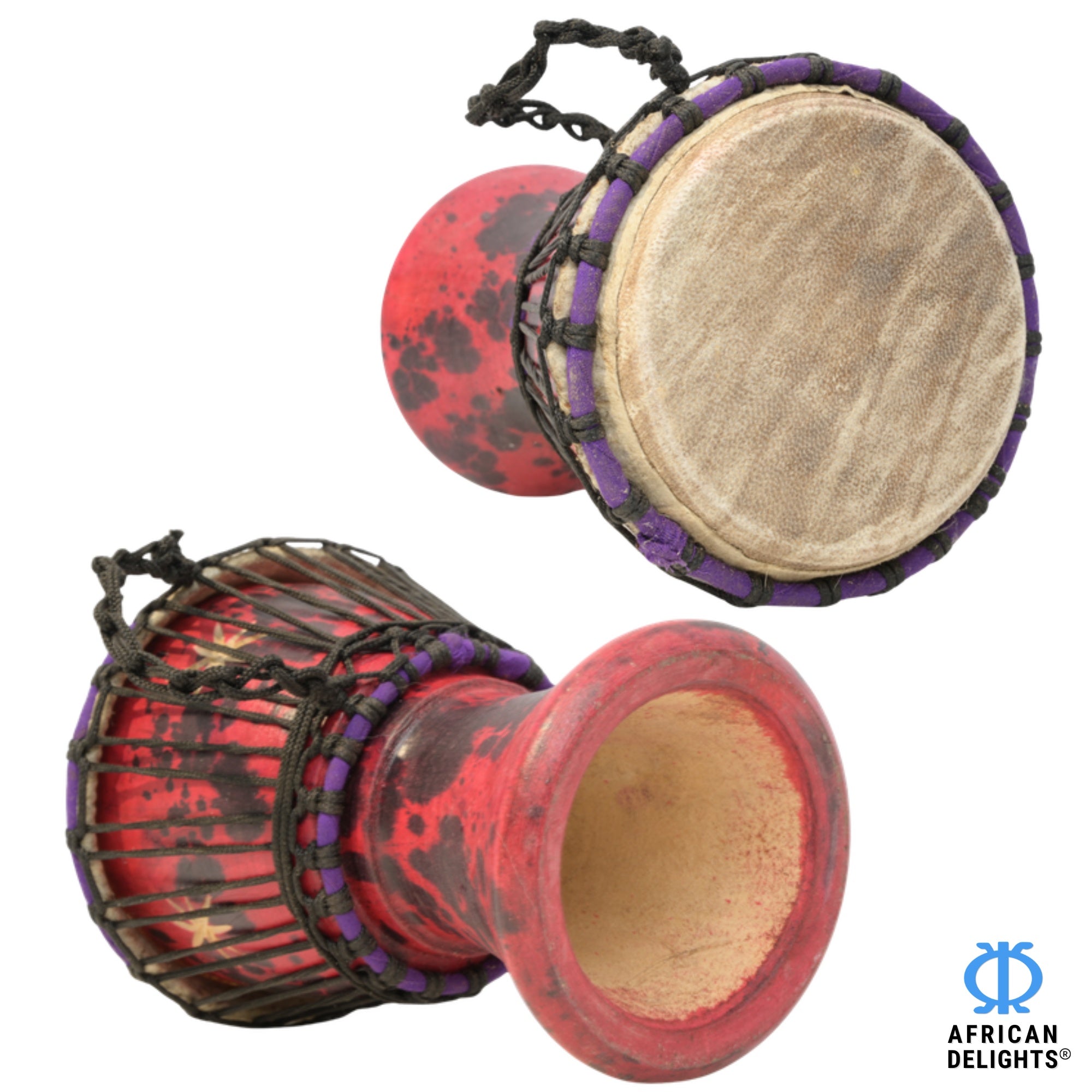 Red with Purple Stitching mini djembe drum side view