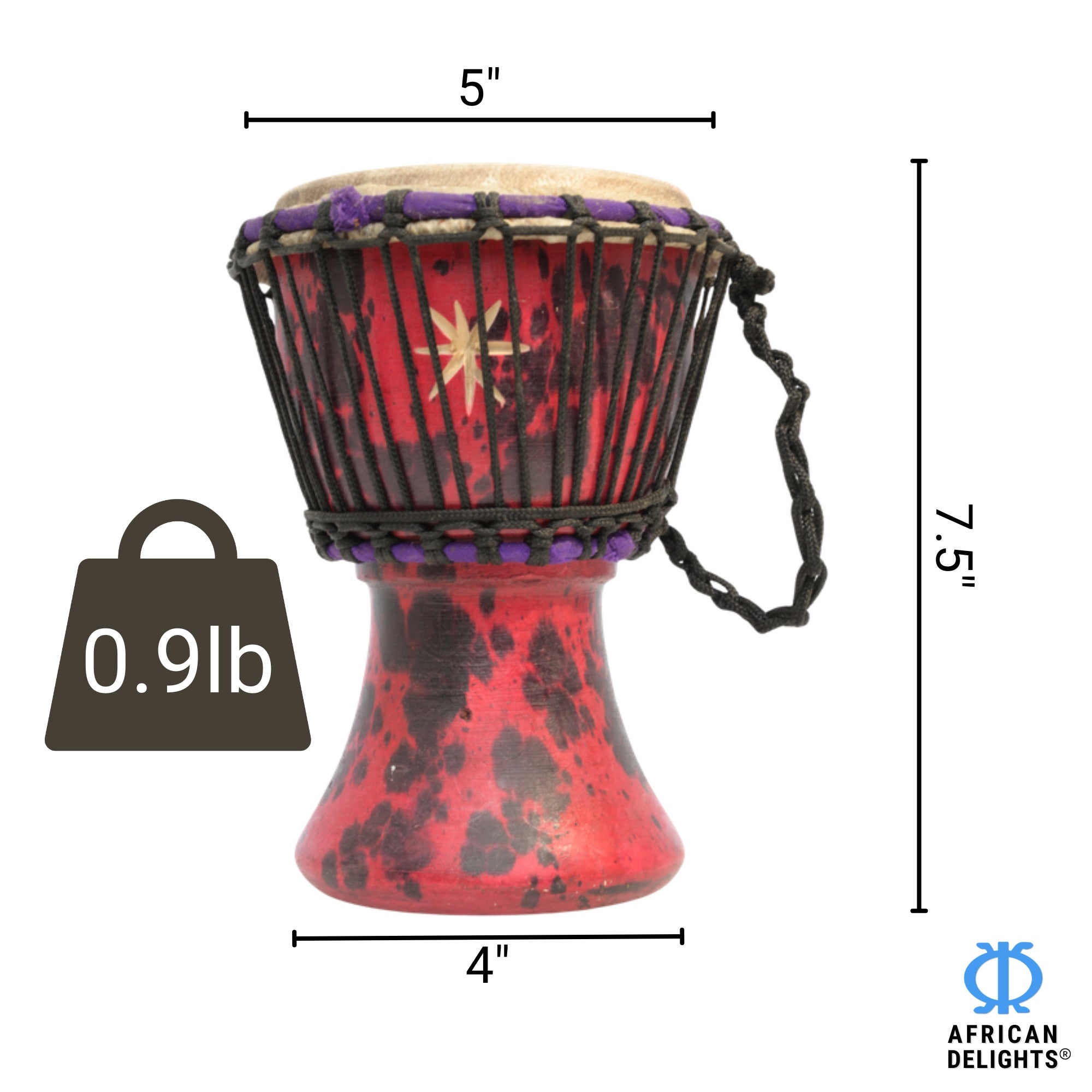 Red with Purple Stitching mini djembe drum size and dimensions