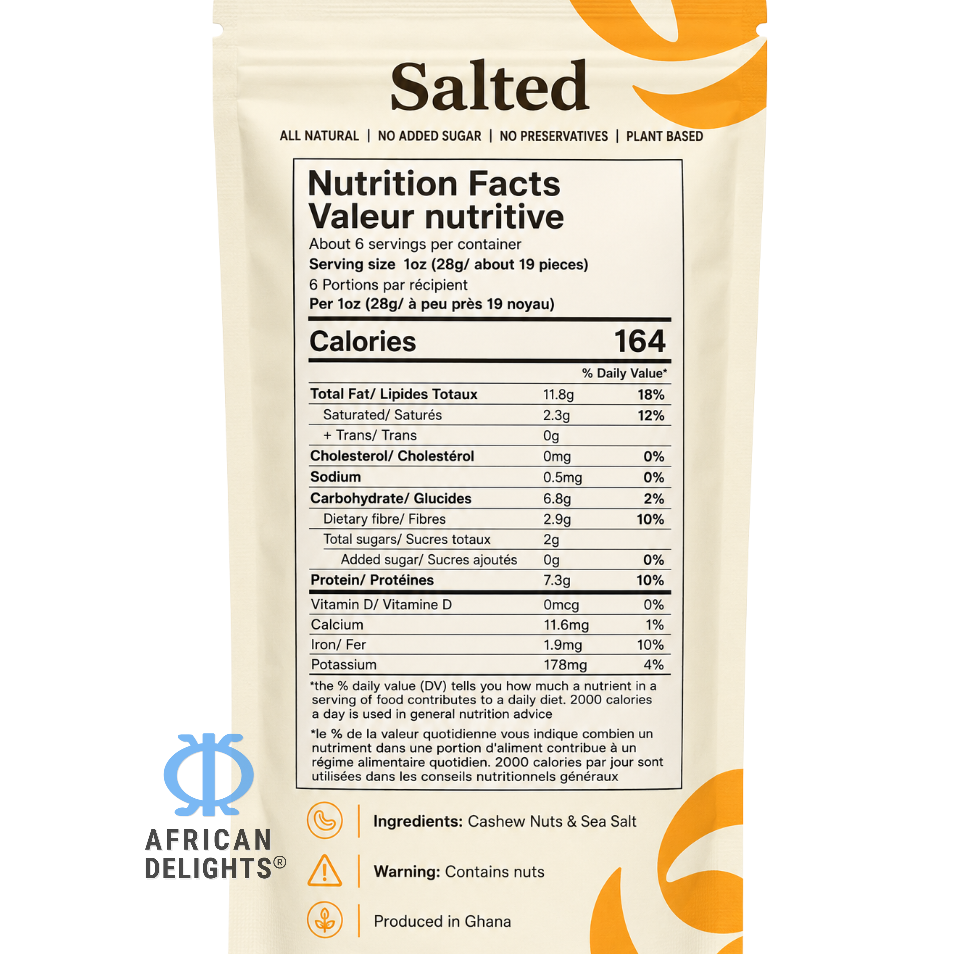African Delights Salted Cashews ingredients and nutrition facts # Flavor_Salted (168g x2-Pack)