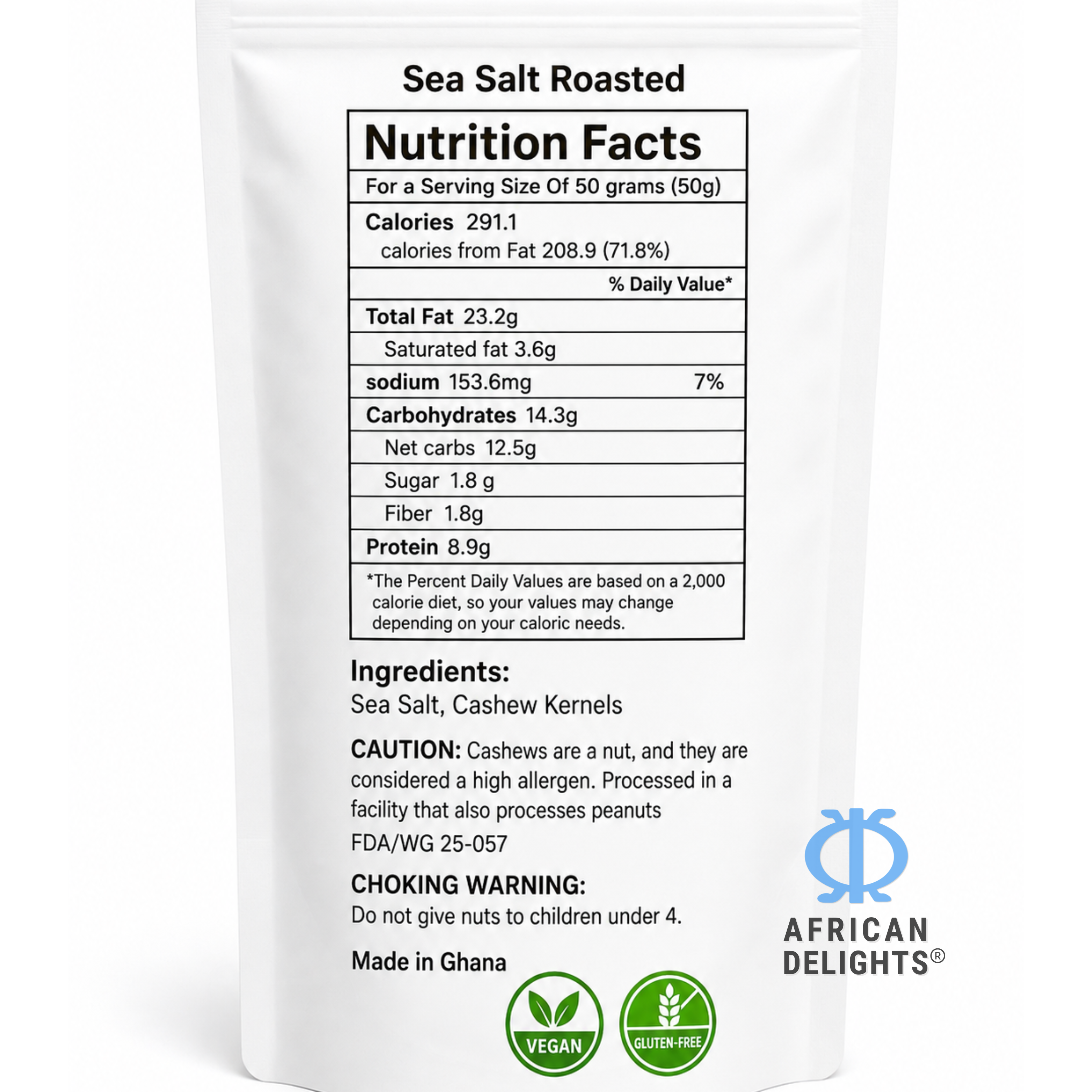 African Delights Sea Salt Roasted Cashews ingredients and nutrition facts # Flavor_Sea Salt