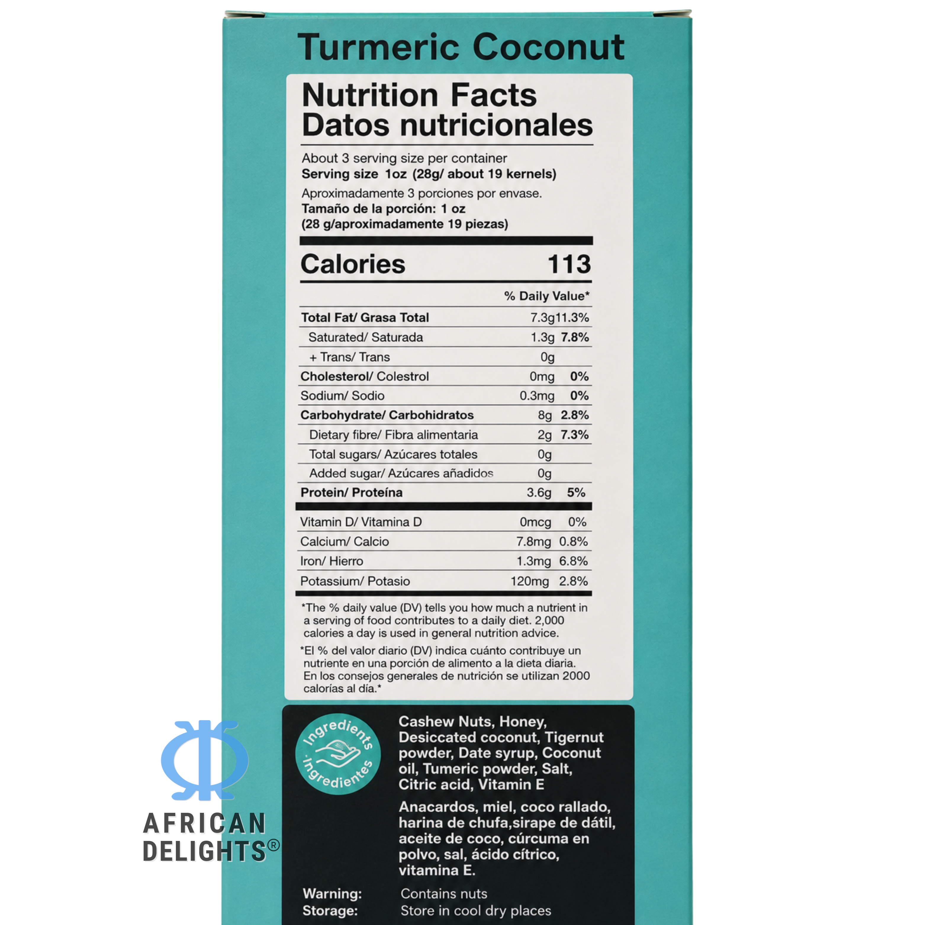 African Delights Turmeric Coconut Cashews ingredients and nutrition facts # Flavor_Turmeric Coconut Clusters (100g x2-Pack)