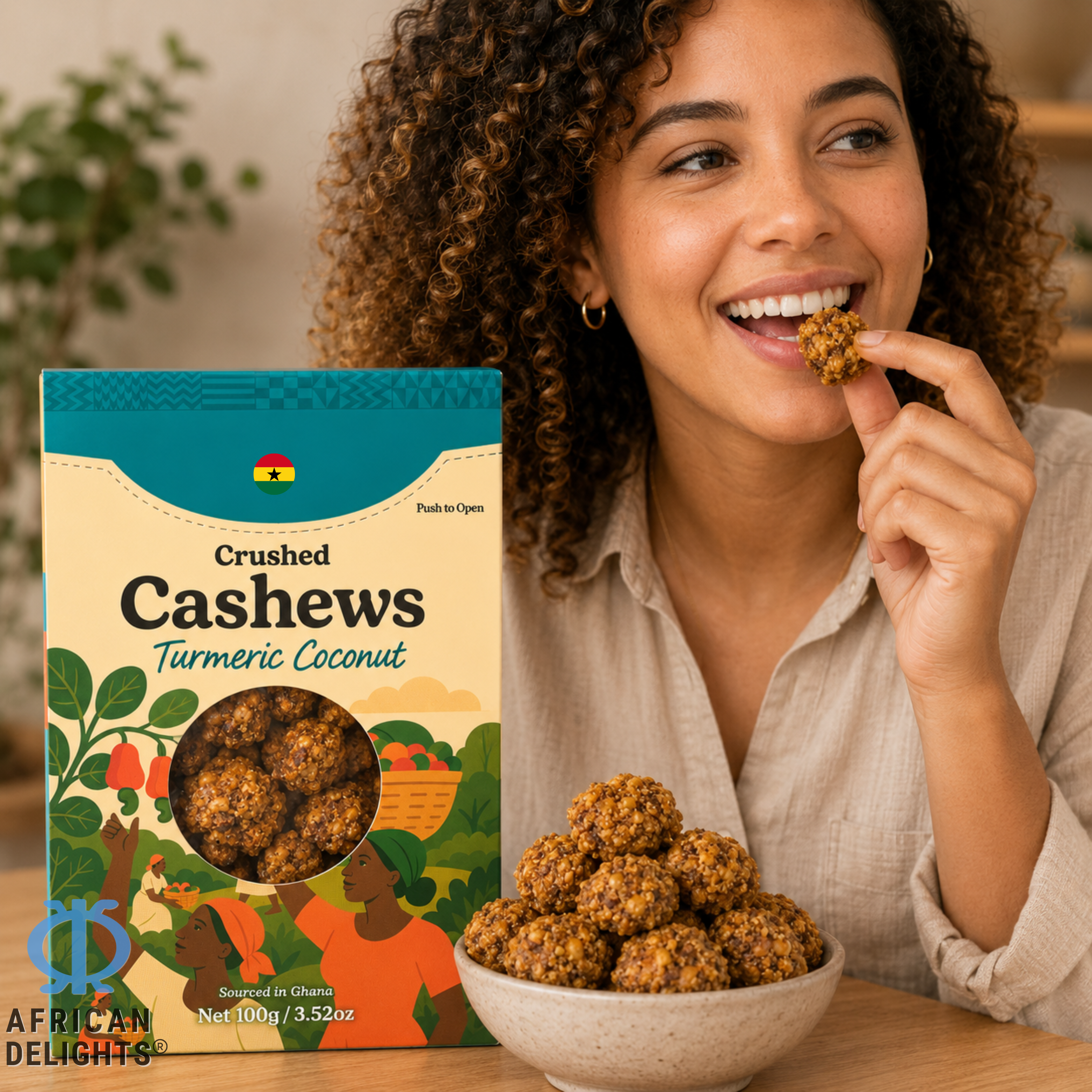 African Delights Turmeric Coconut Cashews lifestyle photo # Flavor_Turmeric Coconut Clusters (100g x2-Pack)
