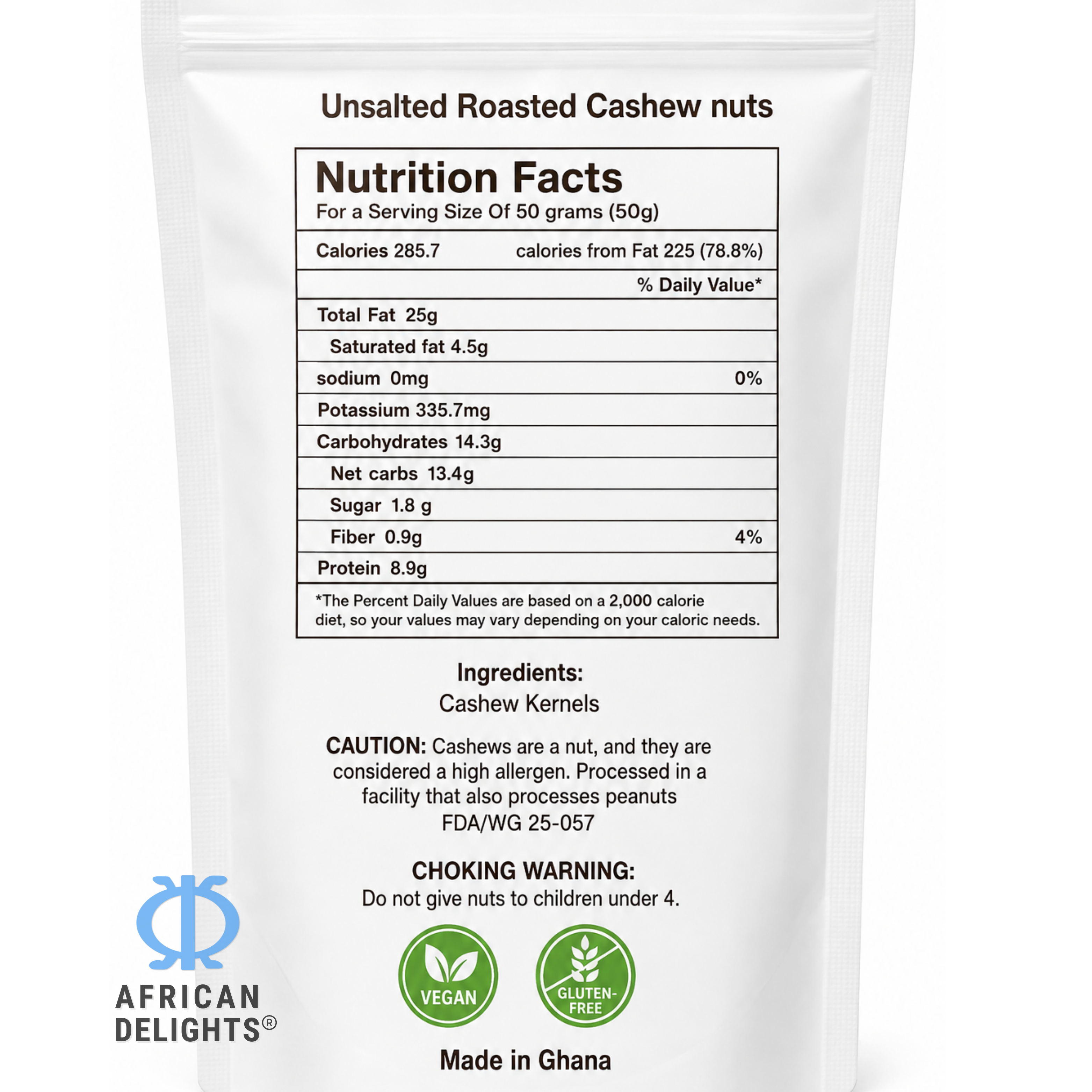 African Delights Unsalted Roasted Cashews ingredients and nutrition facts # Flavor_Unsalted