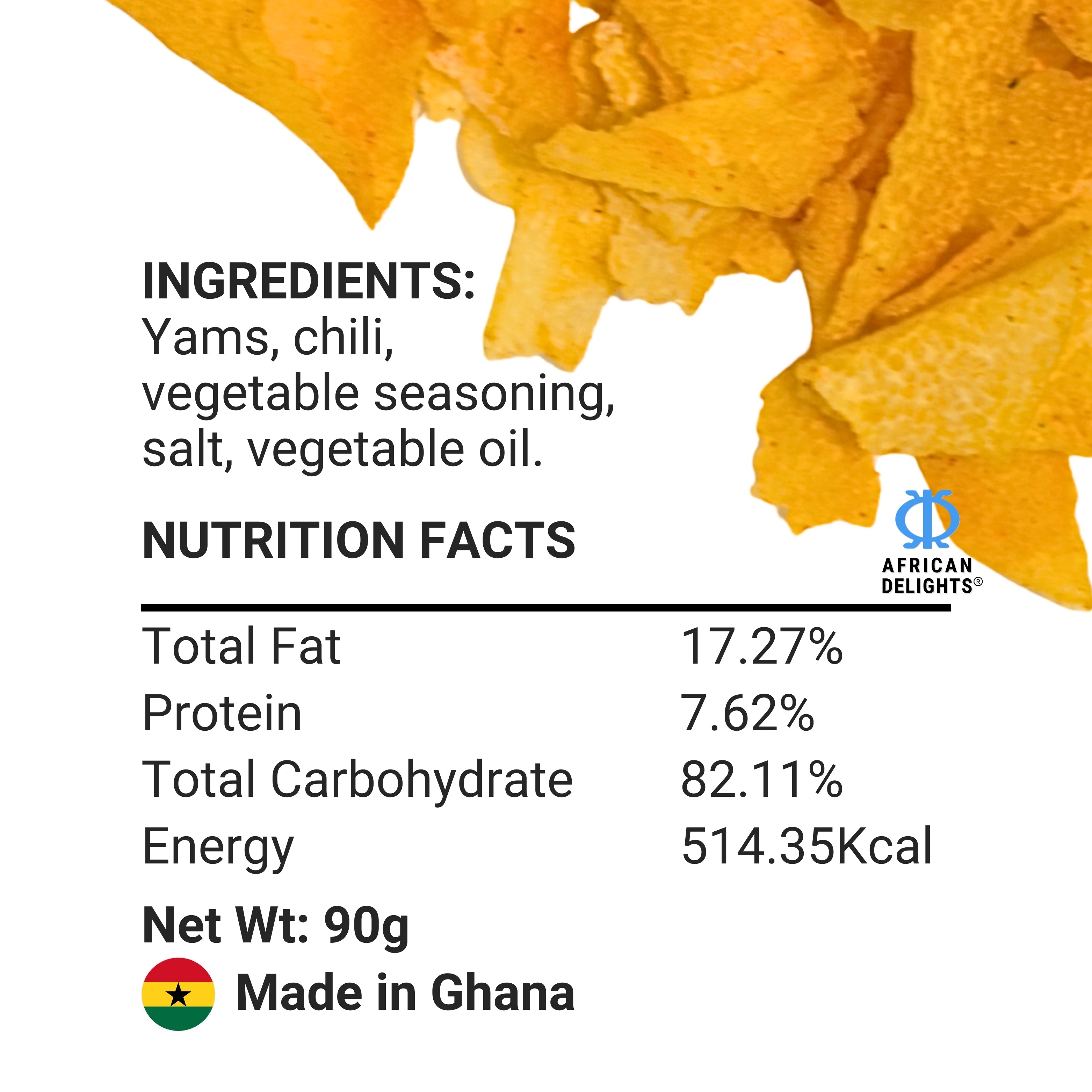African Delights Yam Hot & Spicy Crisps ingredients and nutrition facts # Flavor_Yam Hot & Spicy