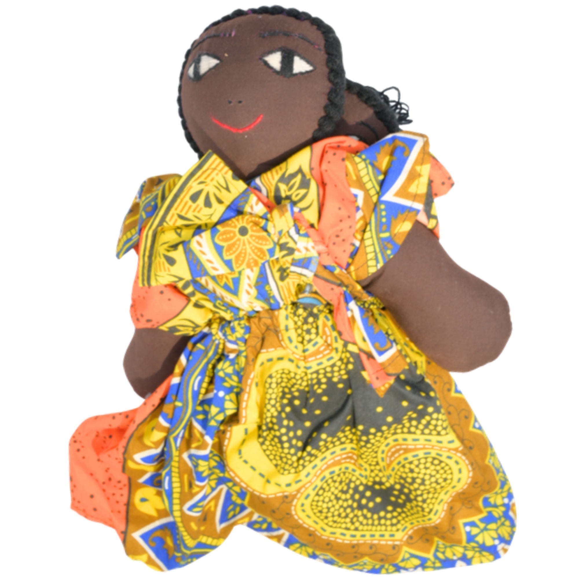 Yellow Handmade African Fabric Doll with Baby – 15-inch Ghanaian artisan collectible, mother and baby in traditional wrap. African Delights. #Color_Yellow