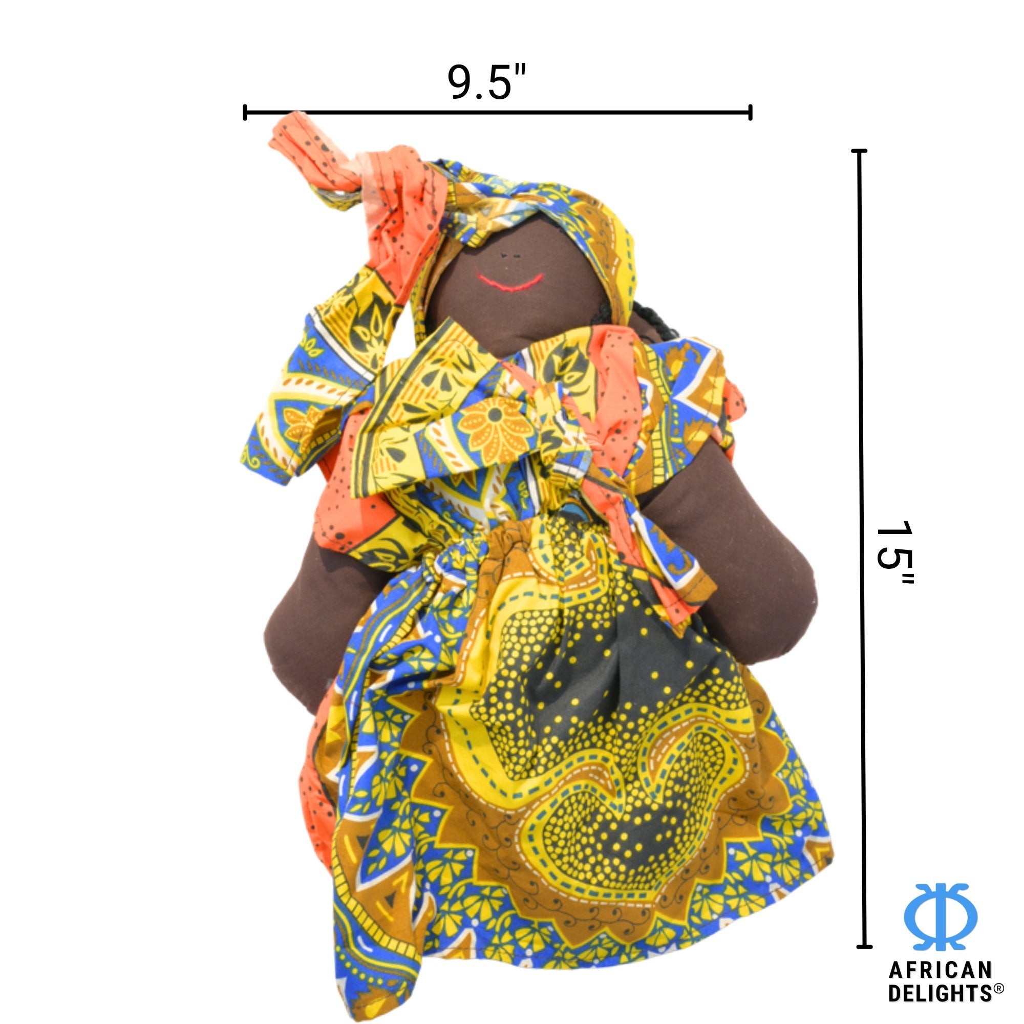 Yellow African fabric doll size guide – 15-inch handmade Ghanaian collectible figurine. African Delights. #Color_Yellow