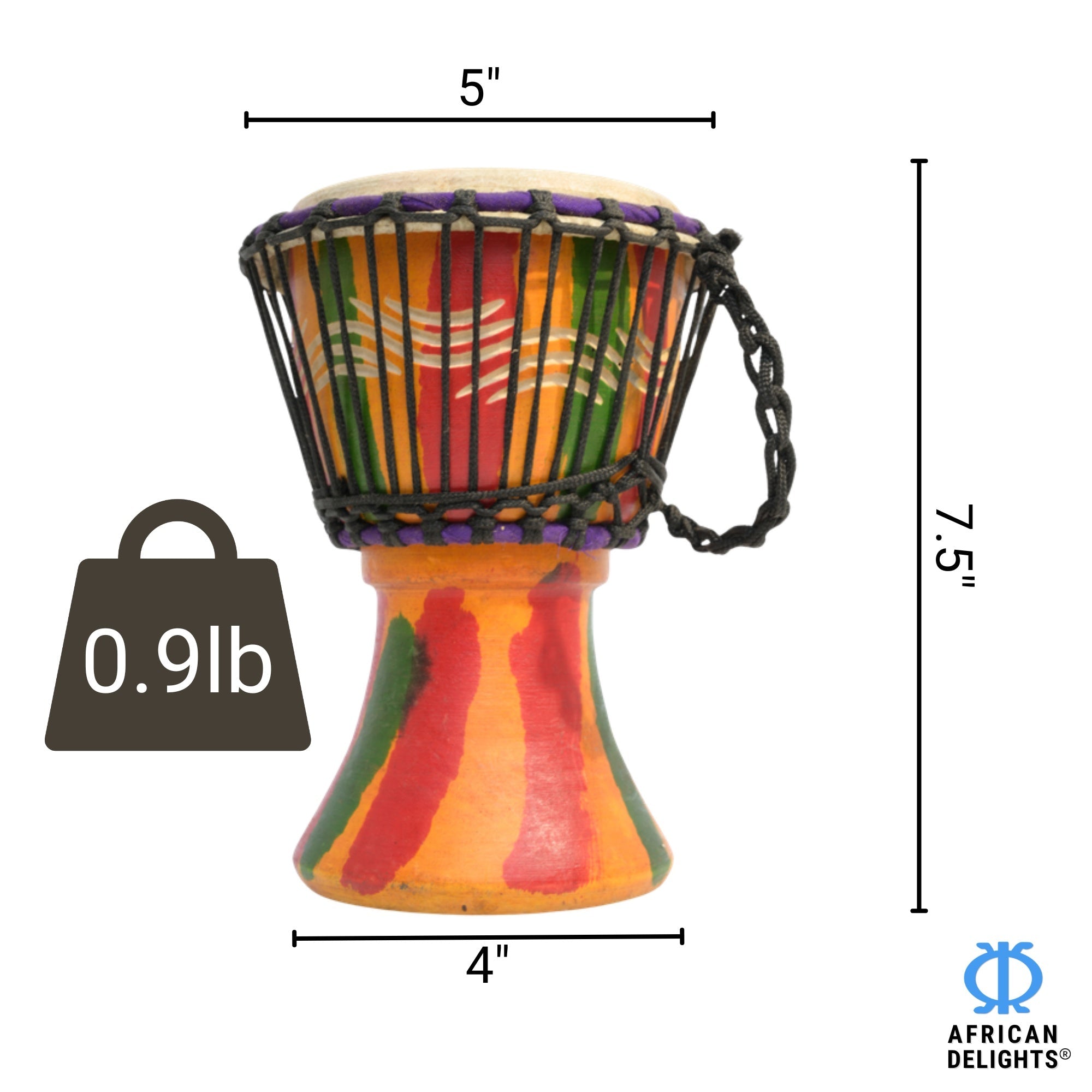 Yellow with Stripes mini djembe drum size and dimensions