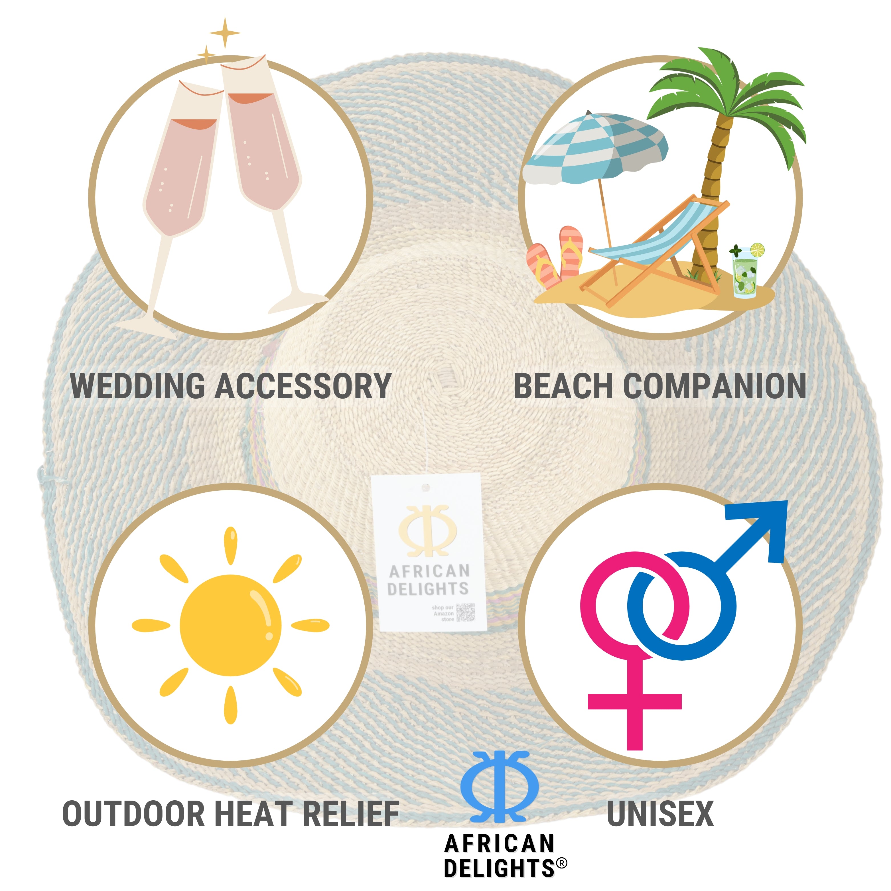 Adult Size Adjustable African Straw Sun Hat, 8 inches