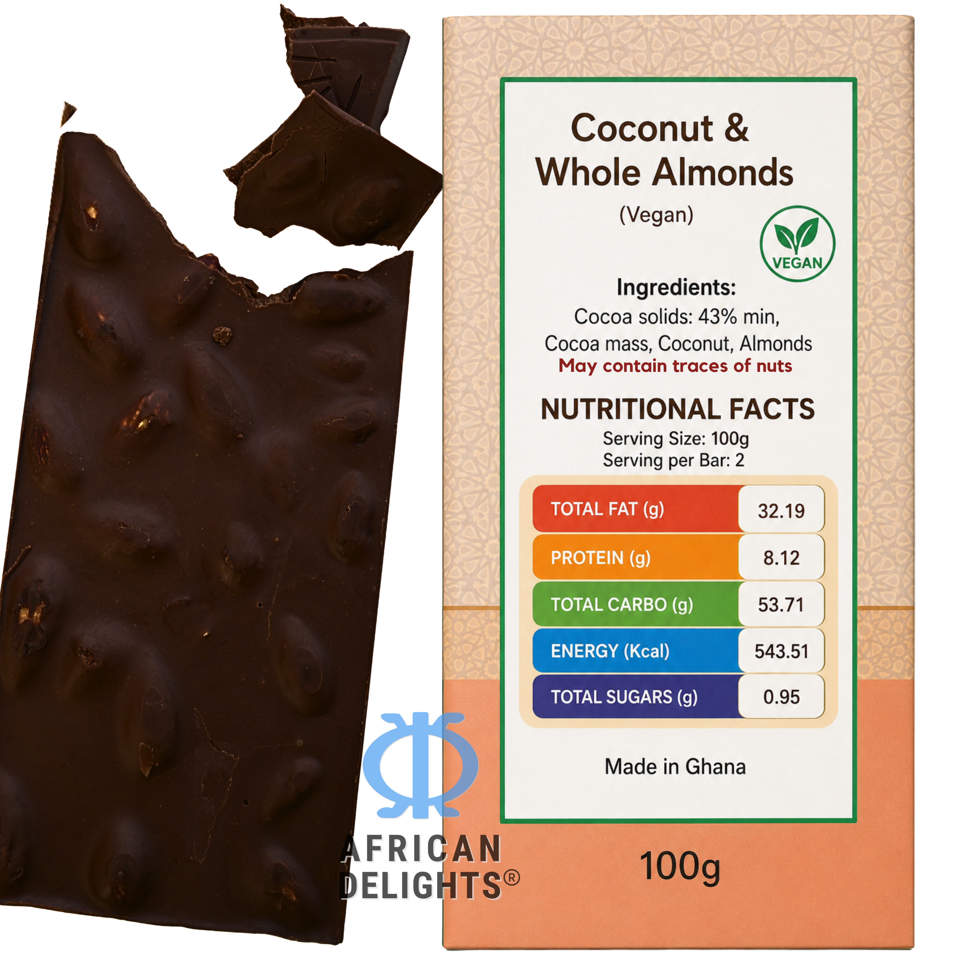 Amonu Coconut & Whole Almonds Vegan (100g) ingredients and nutrition # Style_Coconut & Whole Almonds Vegan (100g)