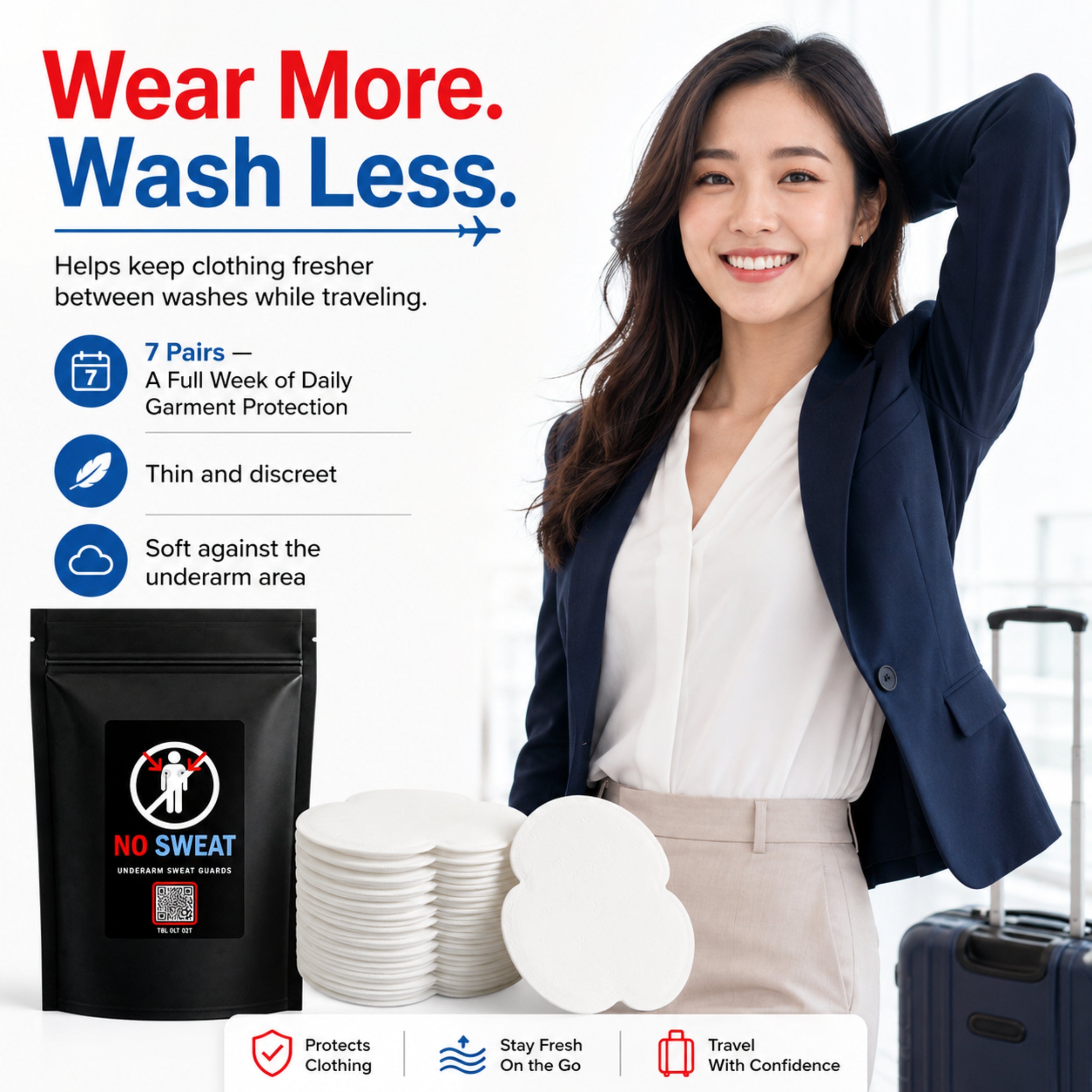 NoSweat sweat pads for travel - wear more, wash less benefits infographic