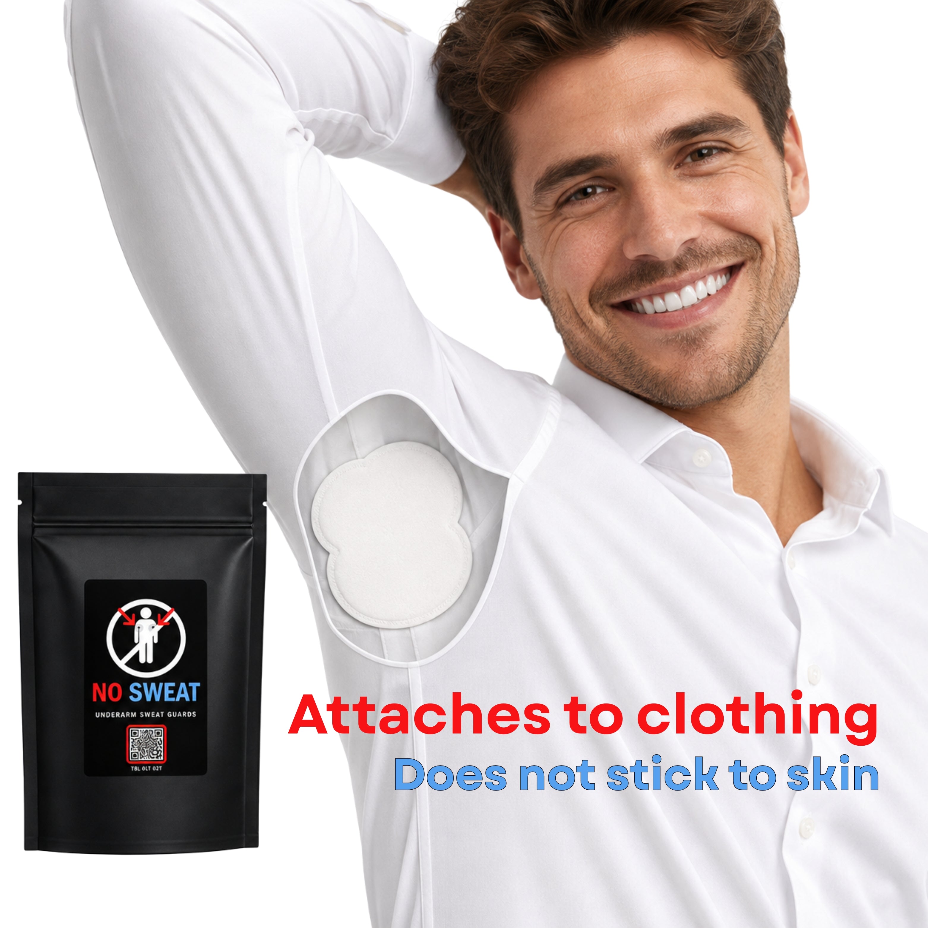 NoSweat underarm sweat pad attaches to clothing, not skin - lifestyle photo