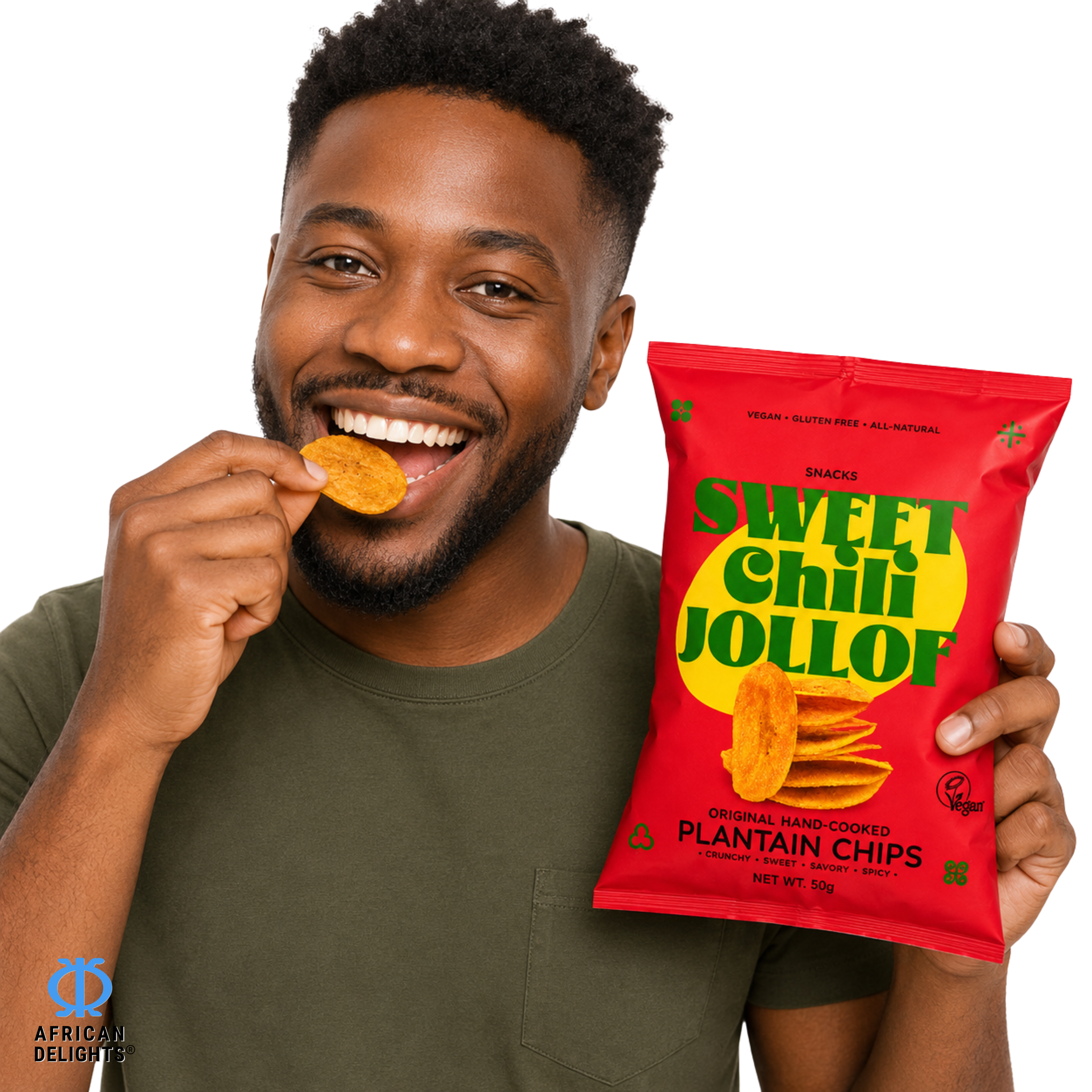 Sankofa Snacks Sweet Chili Jollof Plantain Chips lifestyle photo # Flavor_Sweet Chili Jollof