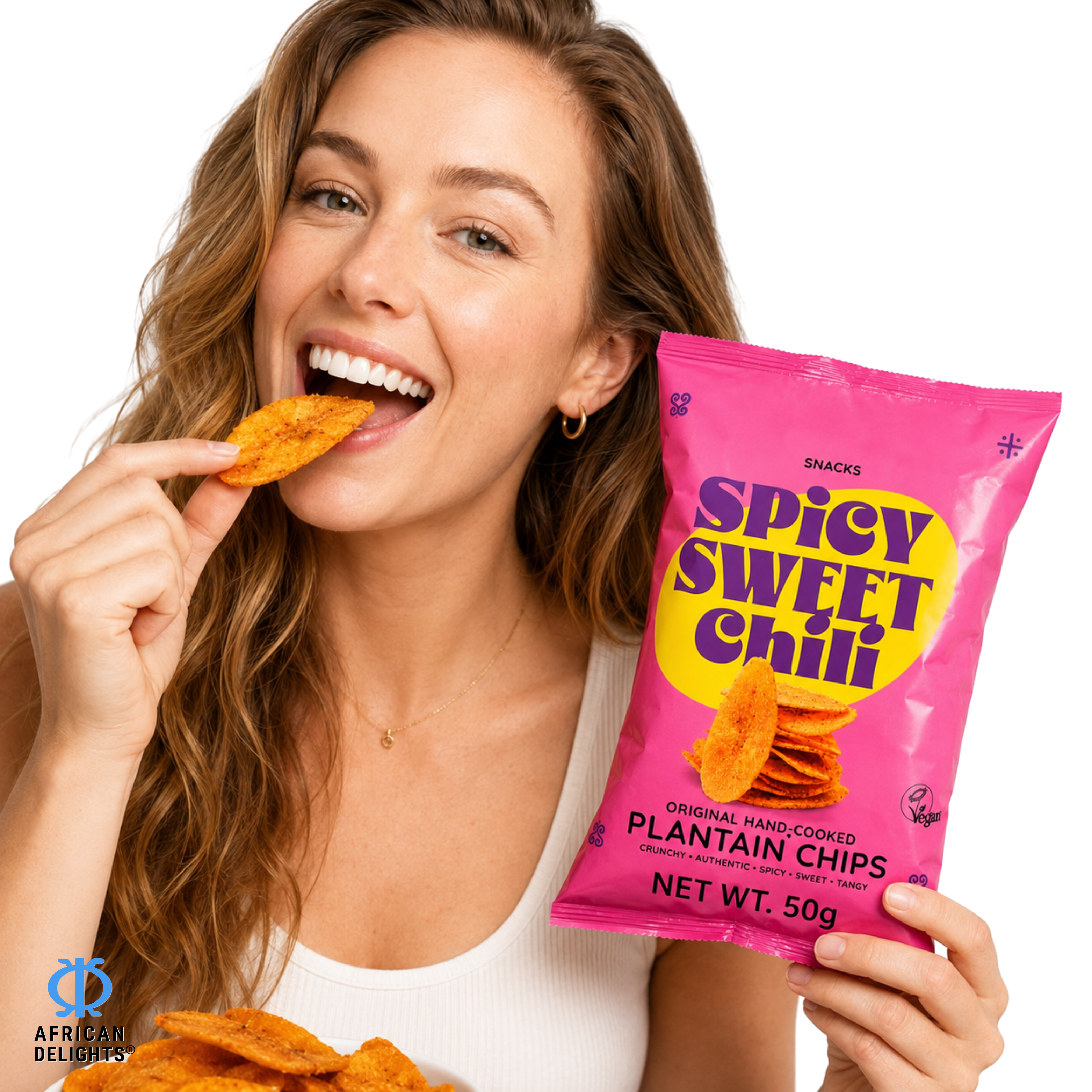 Sankofa Snacks Spicy Sweet Chili Plantain Chips lifestyle photo # Flavor_Spicy Sweet Chili