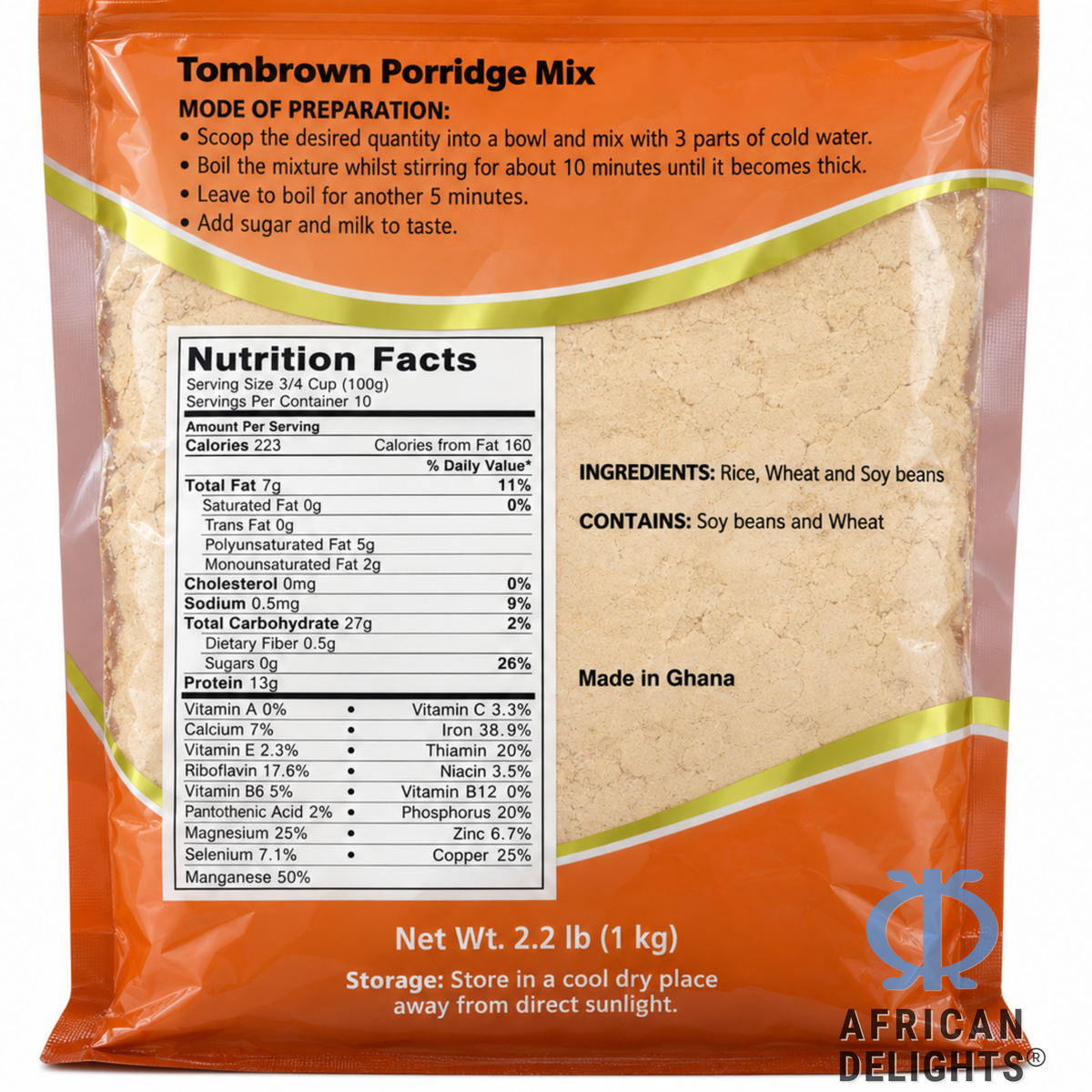 Tom Brown Porridge Mix ingredients label