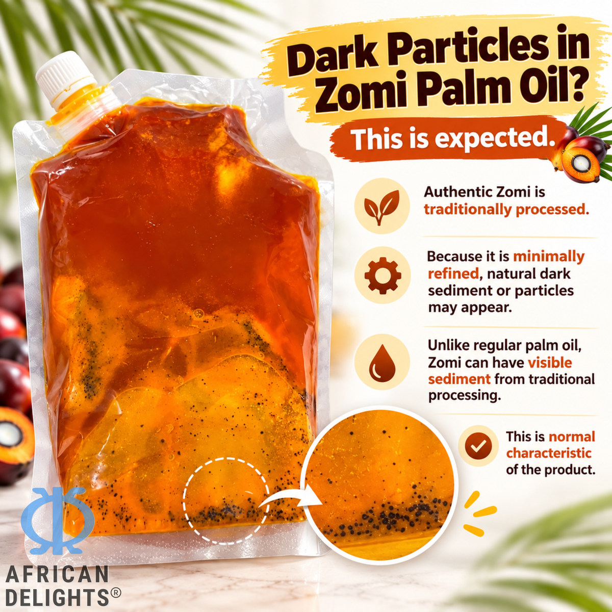 Zomi red palm oil showing natural dark particles # type_Zomi Red Palm Oil 1L