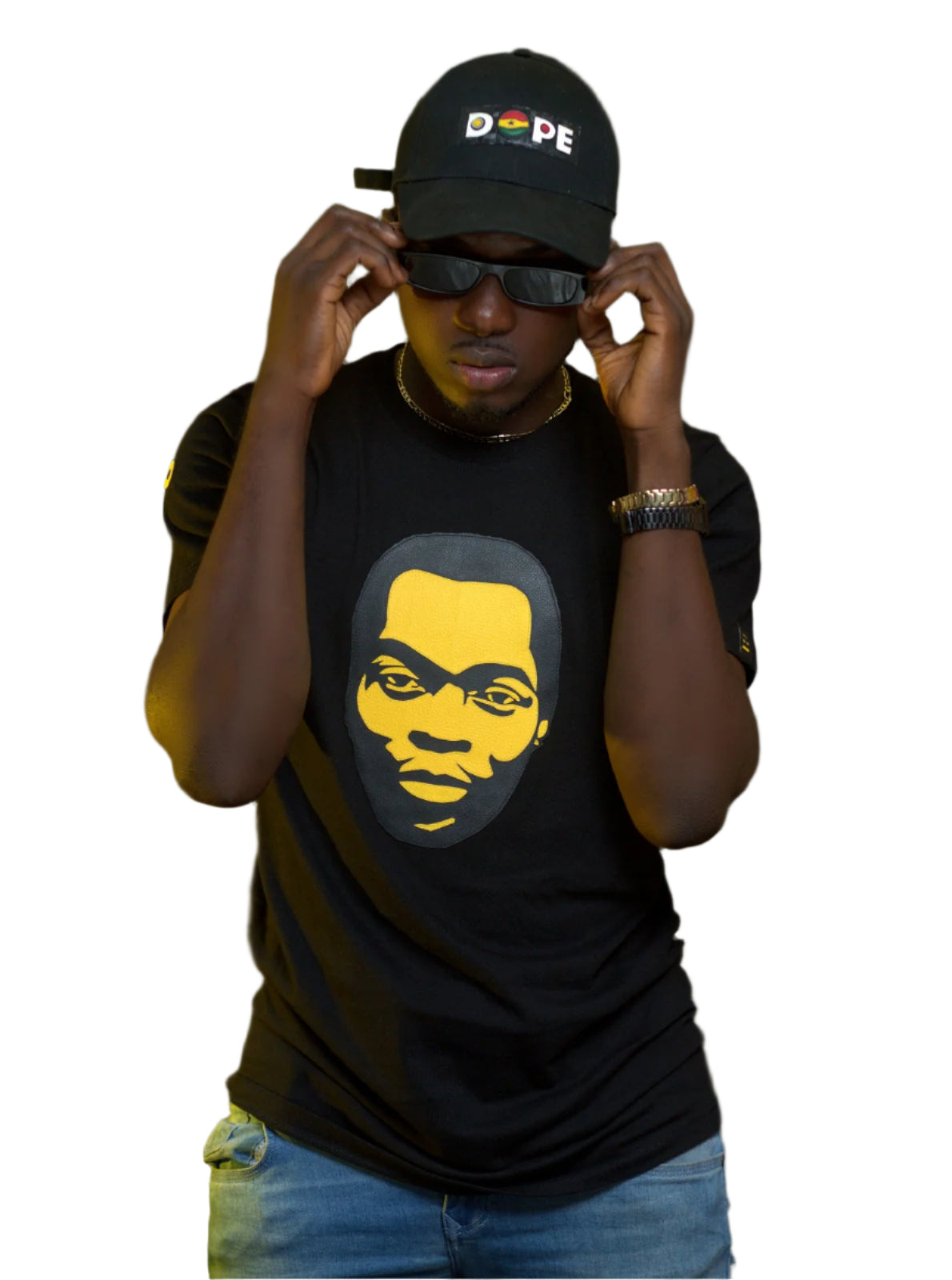 Fela Kuti T-Shirt - Black & Yellow on Black African Delights Grocery Store near me Nigerian Ghanaian food Black owned business