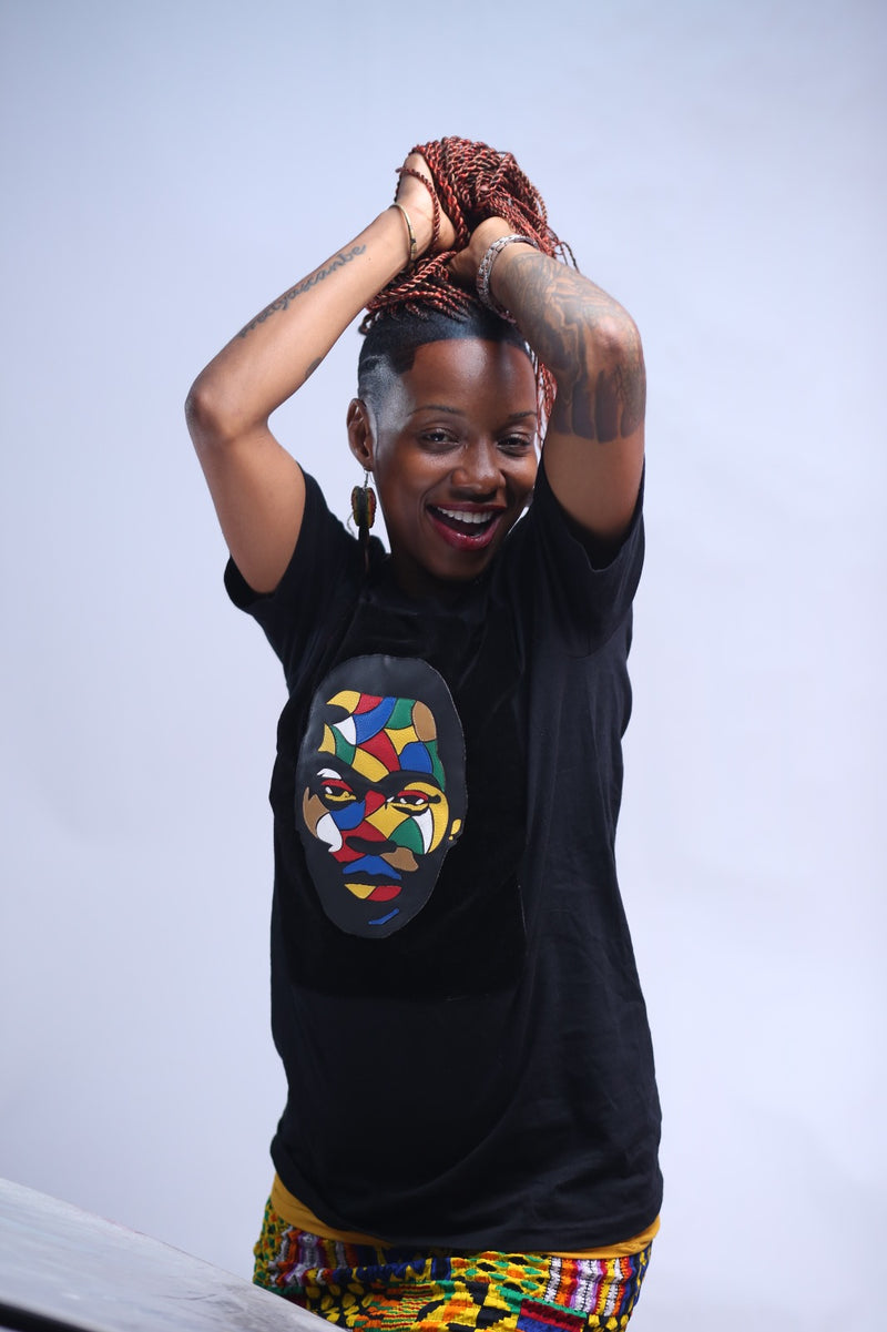 Fela Kuti Multicolored theme on black round neck t shirt